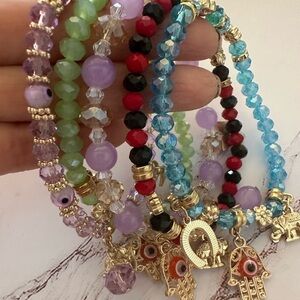 Colorful Beaded Charm Stretched Bracelets Set 5 Pcs Brand New